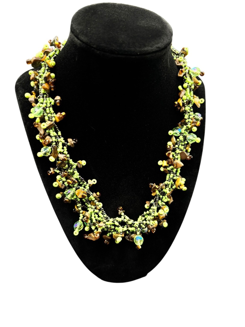 Green Seed Bead & Tiger Eye Chip Statement Necklace 18” | Boho Artisan - Picture 4 of 6